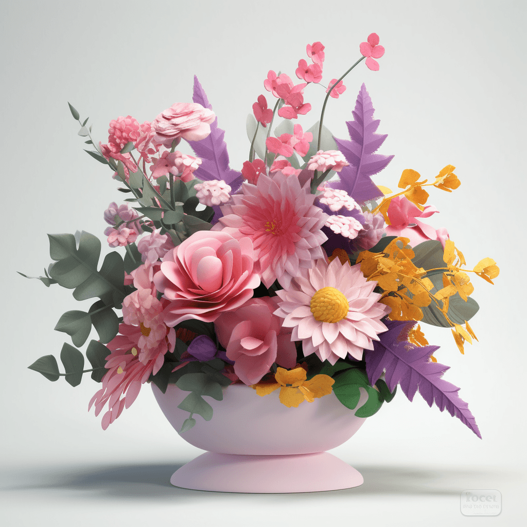 AI generated: Customize a floral arrangement, 3D render, art by Henri Rousseau, a pink and purple color combinatio...
