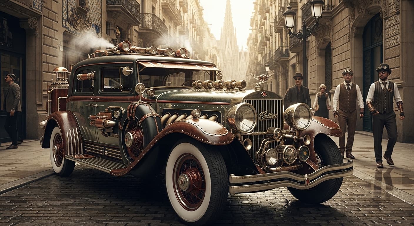 AI generated: Steampunk Vintage car 1930 Cadillac 452 V16 Fleetwood Sport Phaeton at Barcelona's street.
