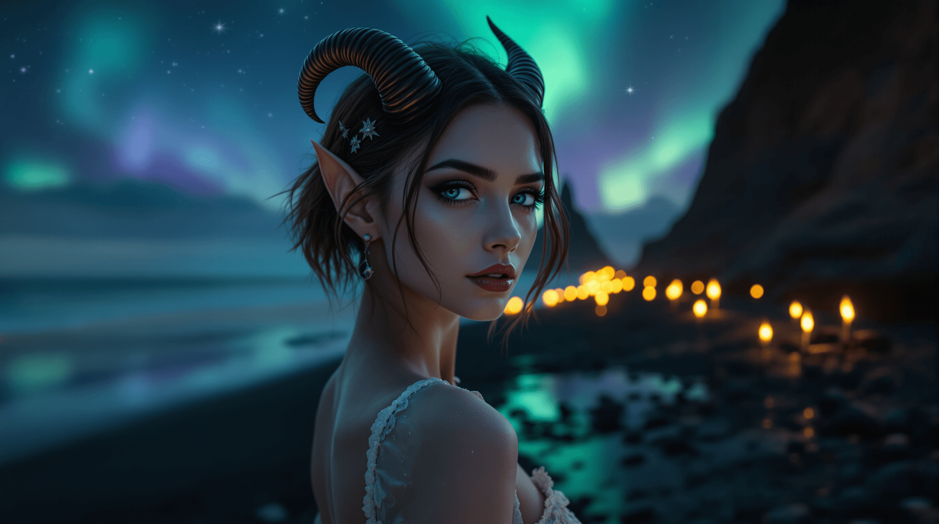 AI generated: Distant view, wide angle photo of A female Cambion ( age: early 20, deep blue eyes) humanlike ears h...