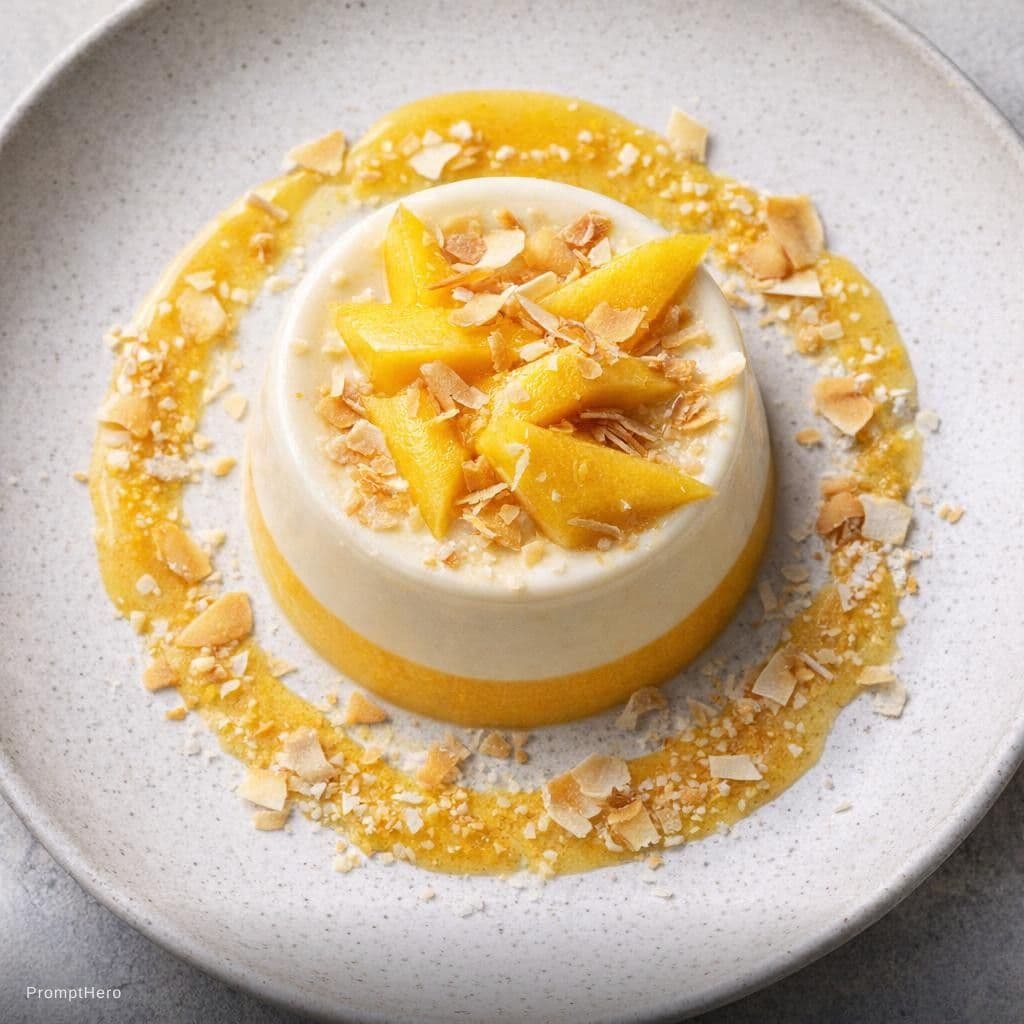 AI generated: top-view capture of an exquisite mango and coconut panna cotta on a modern ceramic plate, garnished ...