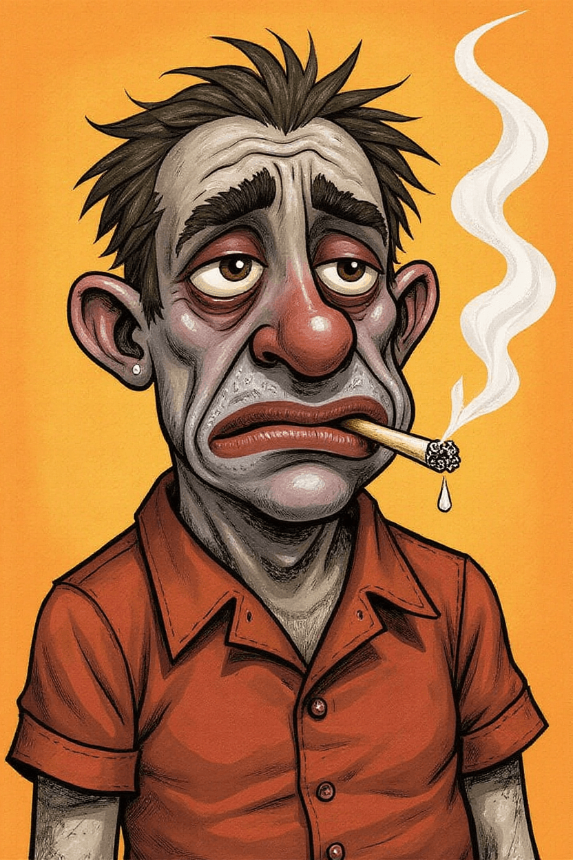 AI generated: funny caricature, disheveled clown character, male, 45 years old, messy, grumpy, tired, exaggerated ...