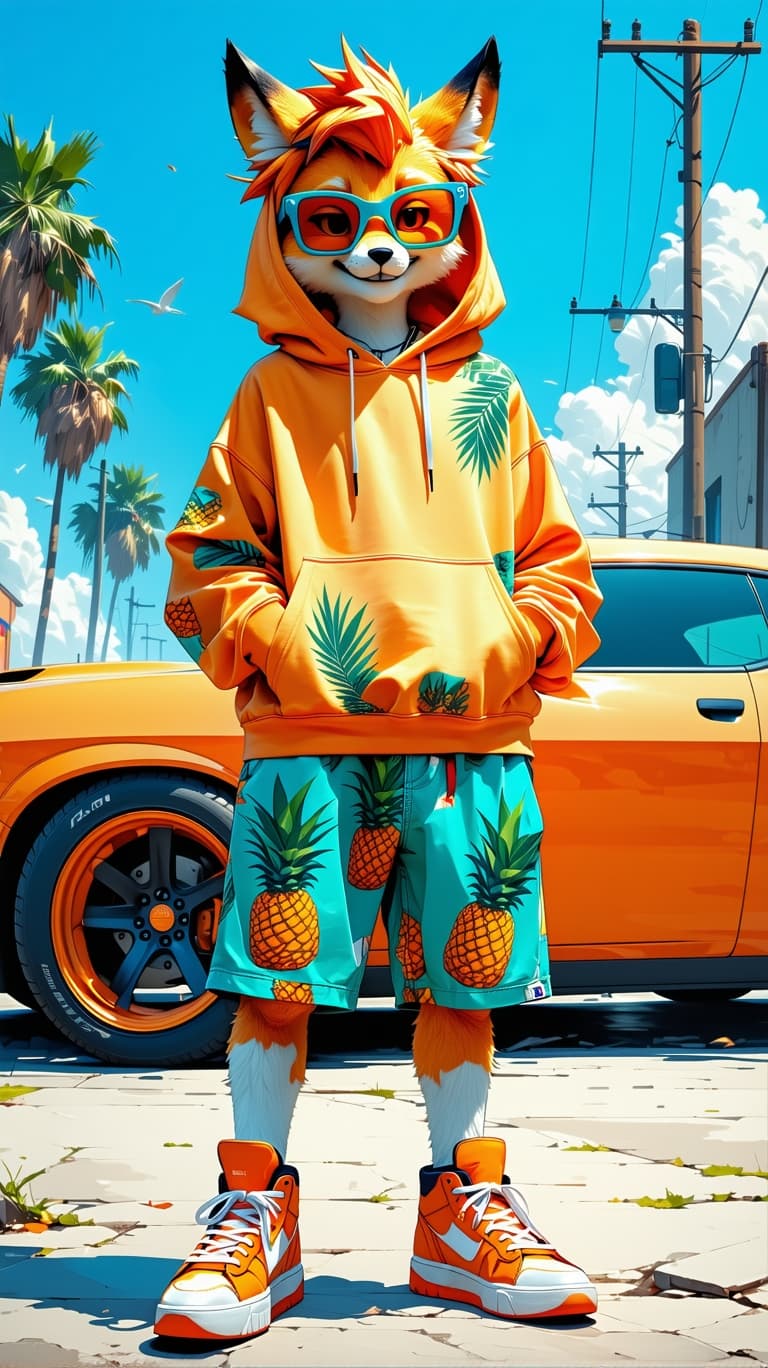 AI generated: A vibrant and highly detailed depiction of an anthropomorphic crash car character with bright orange...