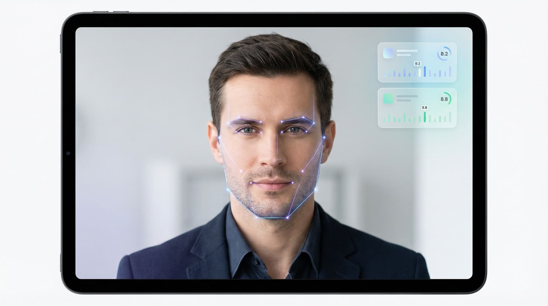 AI generated: Professional thumbnail showing AI evaluating a man headshot.
Crisp portrait with confident posture a...