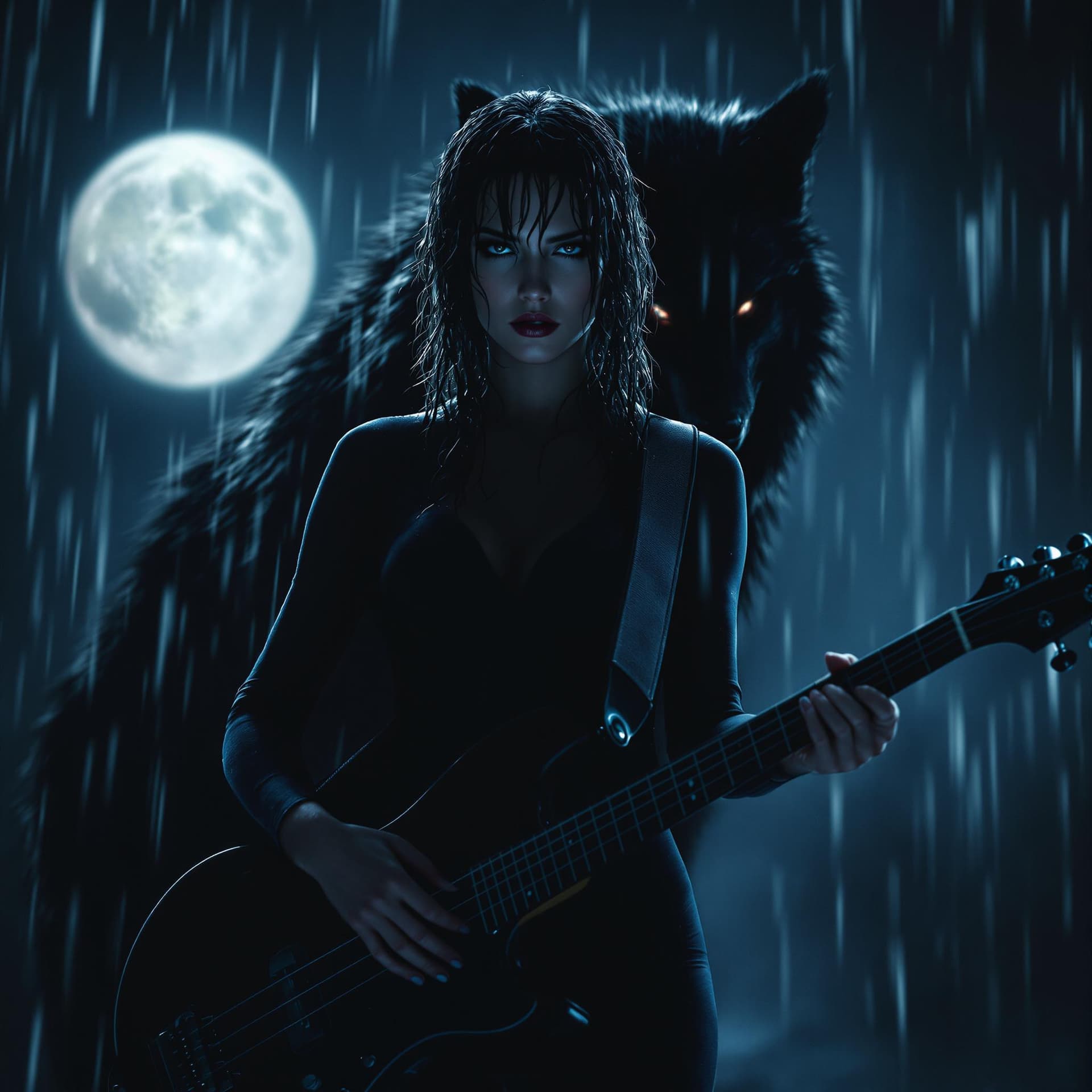 AI generated: The image features a dramatic, atmospheric scene in a full moon light. A woman stands at the forefro...