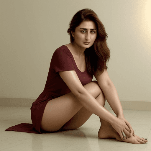 AI generated: The woman Kareena Kapoor is sitting on the floor with her legs bent and tucked to the side. Her righ...