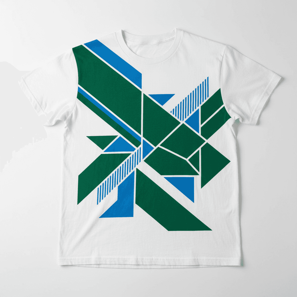 AI generated: mock up t-shirt with green white and blue themed geometric design with emphasis on the green color o...