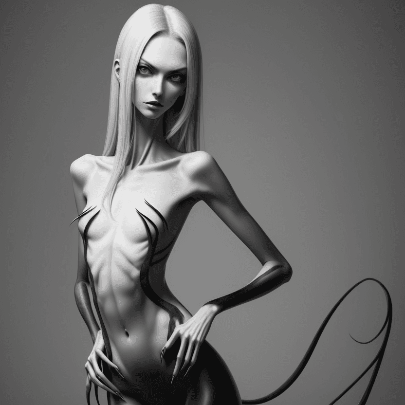 AI generated: photo of face an extremely skinny, flat-chested model with very elongated long nails,  claws placed ...