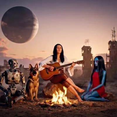 AI generated video: Full-length shot of a post-apocalyptic desert scene with a ruined city. A beautiful barefoot woman w...
