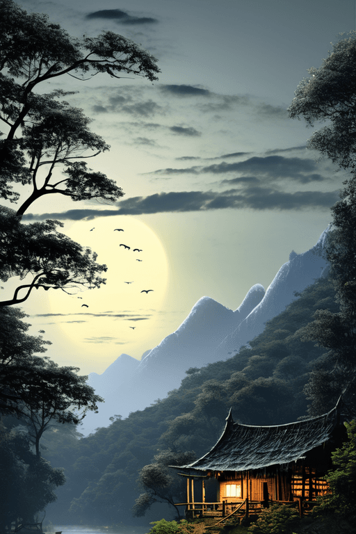 AI generated: Dark forest , a river , big moon , full of trees , a small hut, mountain in backside, night view, bi...