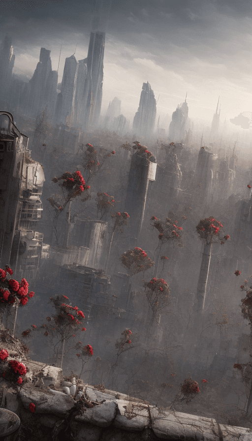 AI generated: post-apocalyptic panoramic cityscape with dark hooded figure holding a bouquet of roses, George luca...