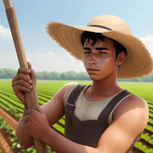 AI generated: Young man working in the fields, sweating under the hot sun.