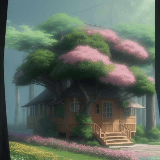 AI generated: high-definition 8k anime screen cap in mist art style a duplex made of tree and covered with multico...
