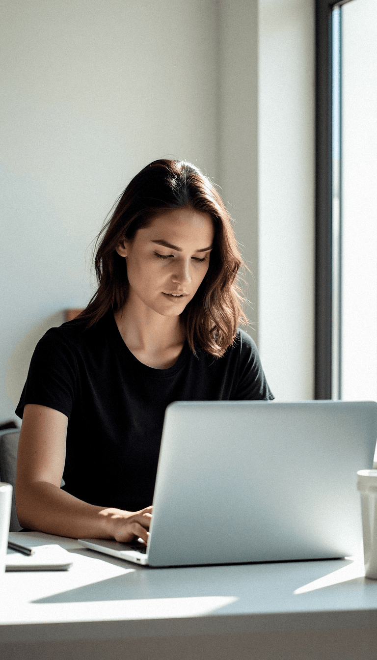 AI generated: A young woman with shoulder-length brown hair sits at a white desk, focused on her laptop in a brigh...
