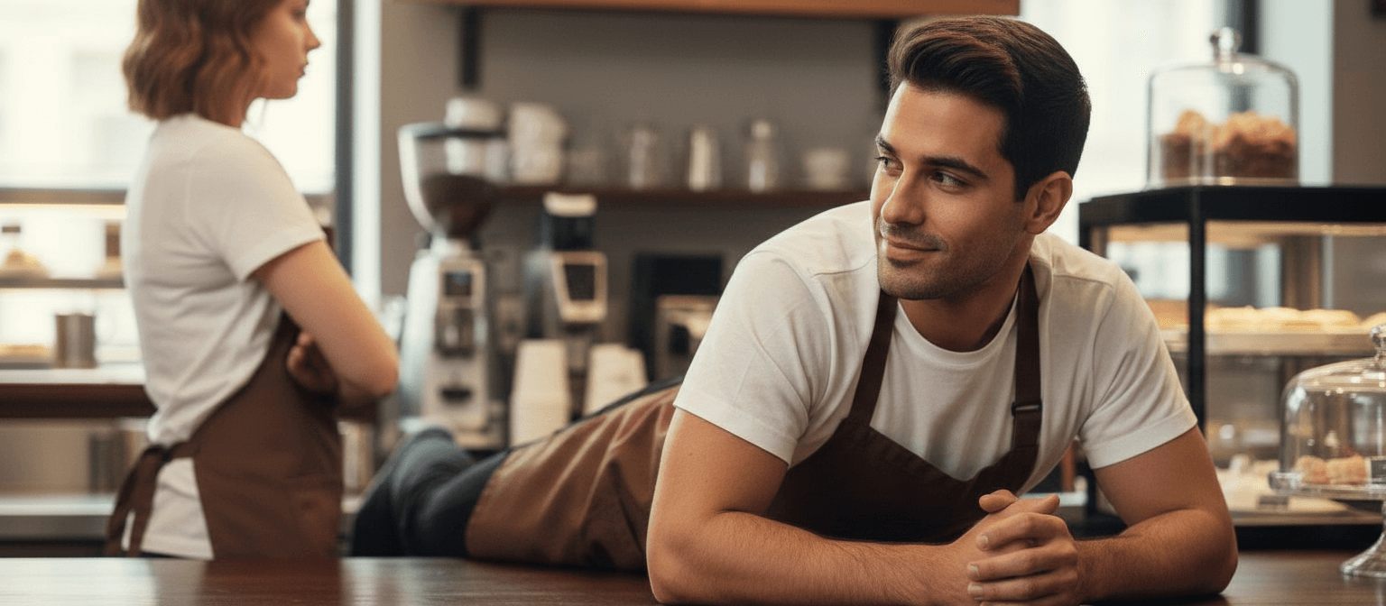 AI generated: At a coffee shop, a Hispanic male barista is on top of the counter, his belly is flat on the counter...