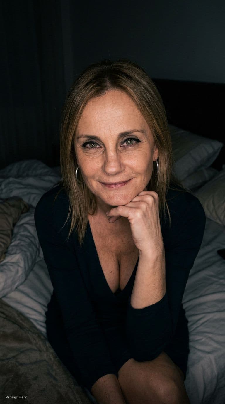 AI generated: looking at me. Sitting on a bed at night(no lights), wearing same (cleavage) dress, teasing, keep or...
