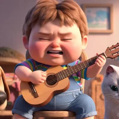 AI generated video: A chubby little boy playing guitar with a deeply emotional and exaggerated expression, eyes closed, ...