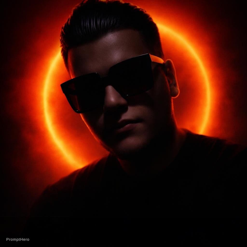 AI generated: A person with slicked-back dark hair wearing oversized square sunglasses is shown in a dramatic, cin...