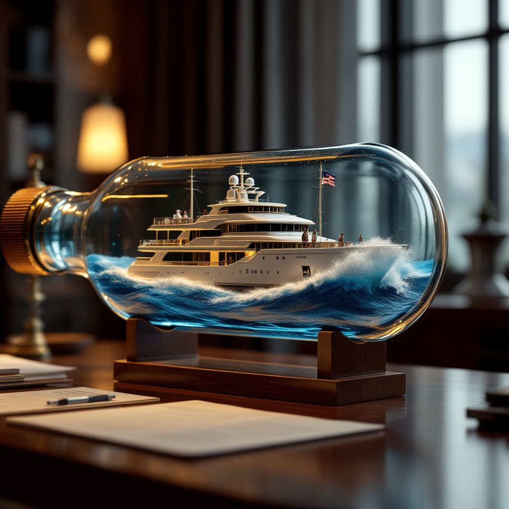 AI generated: A realistic ship in a bottle, featuring a (2005 76-foot Lazzarra enclosed fly bridge) luxury super y...