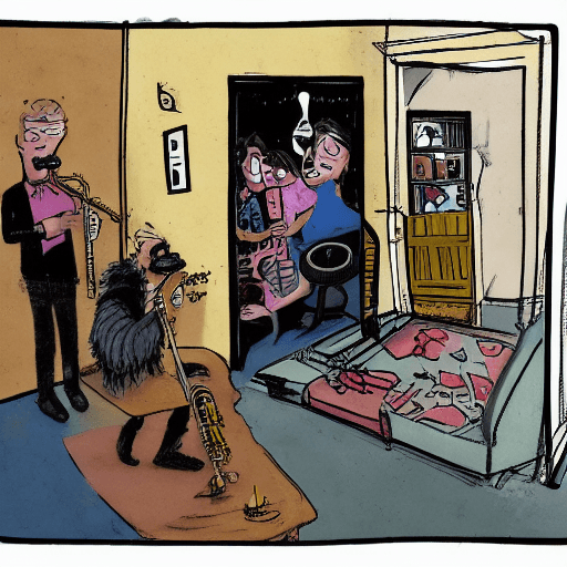AI generated: A comic panel depicting a chaotic living room scene with a frustrated clarinet player standing on on...