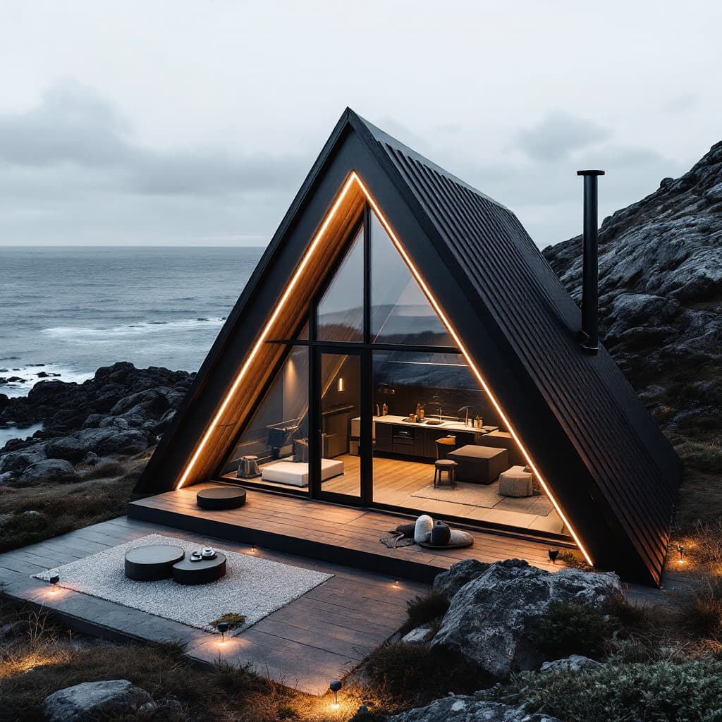 AI generated: modern cabin, tiny house, architecture, minimalist, lights, black steel, concrete, triangle, ocean i...