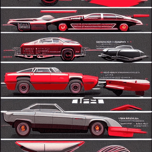 AI generated: mdjrny-v4 style highly detailed infographic of  red retrofuturism cars found in popular mechanics ma...