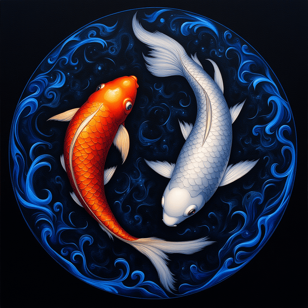AI generated: Art Nouvea style - A stunning, painting of two koi fish gracefully circling each other in a dark, my...