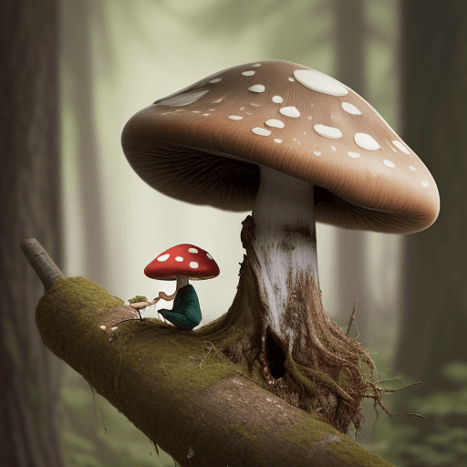 AI generated: Photo of a cute mushroom eating dead tree as breakfast