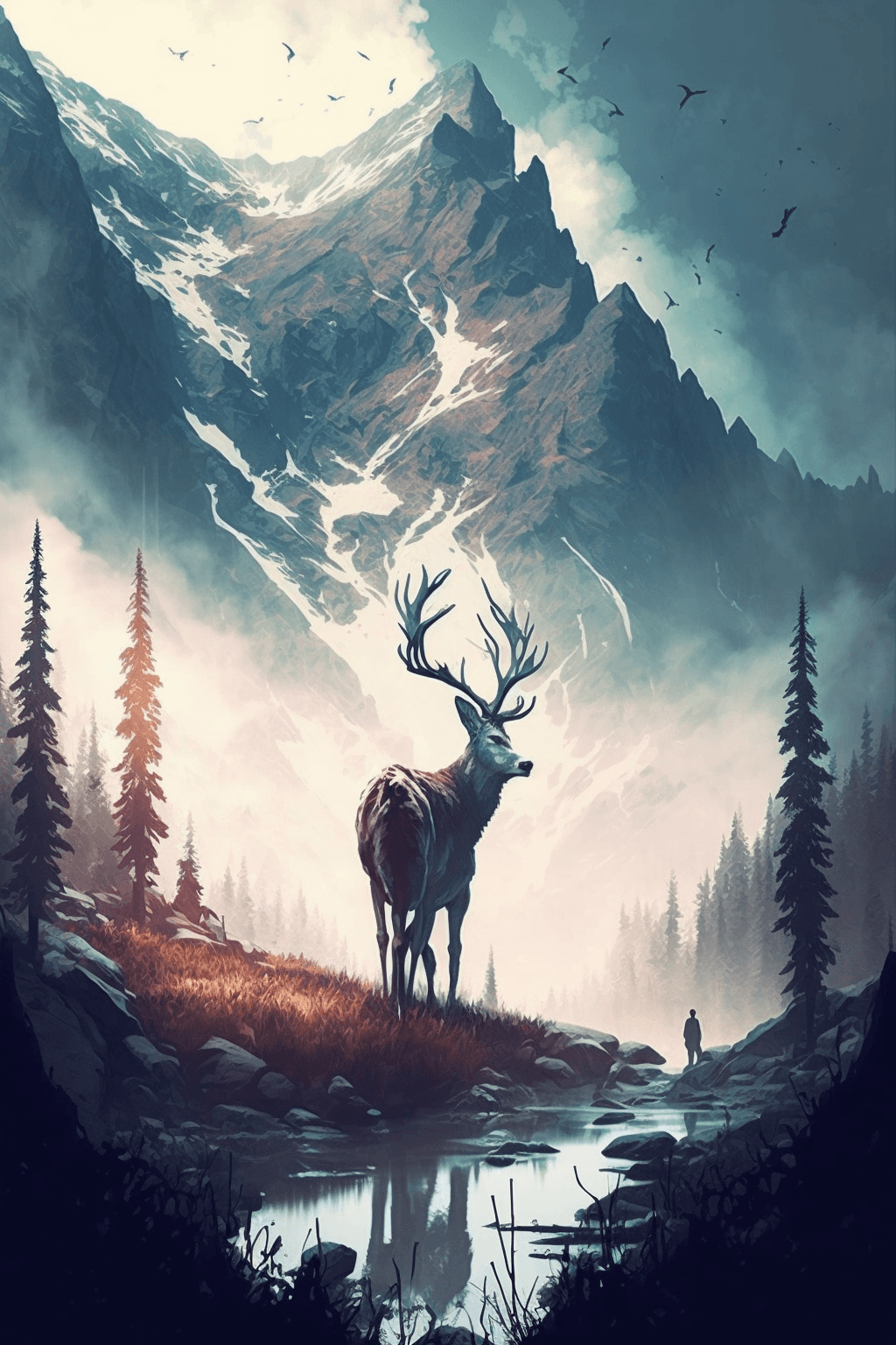 AI generated: Majestic mountains,a deer, the last of us theme, zombies.