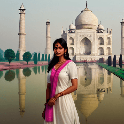 AI generated: a white indian woman with beautiful face standing near taj mahal
