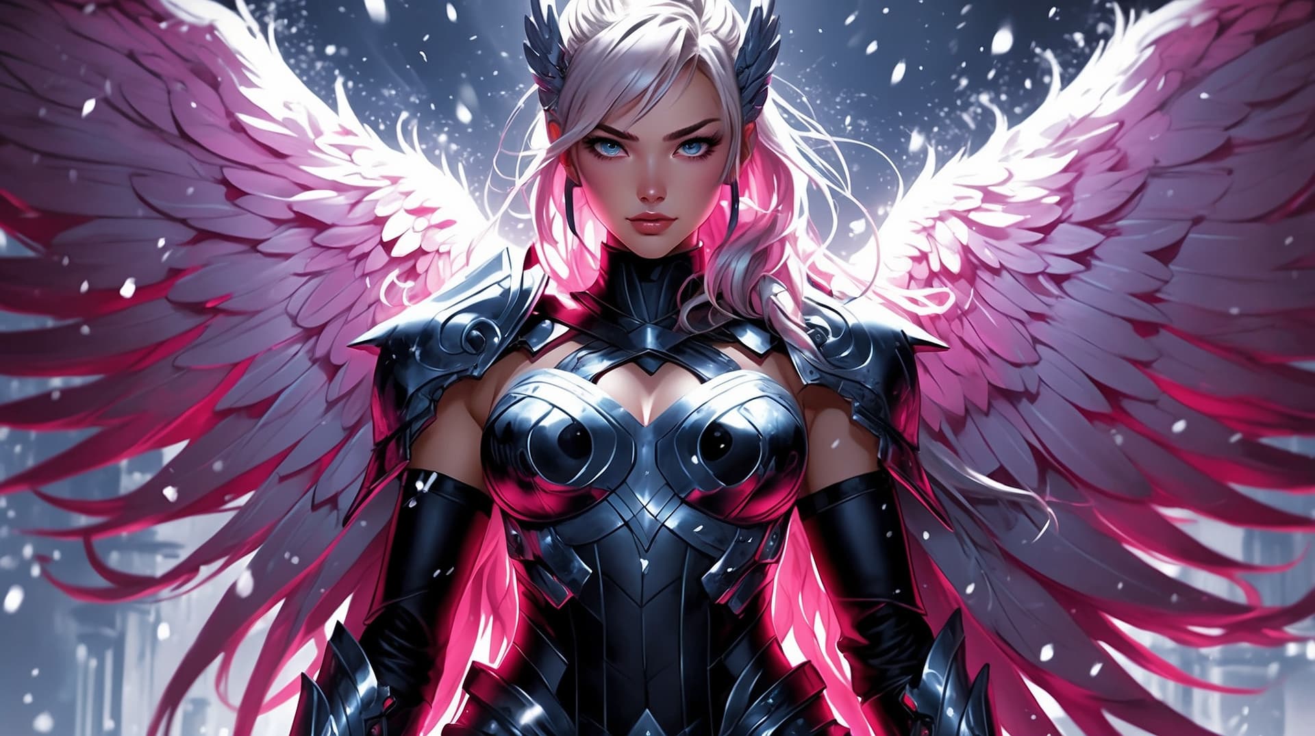 AI generated: A magenta-hued chilling valkyrie, her icy gaze piercing through the vibrant hue of her flowing hair,...