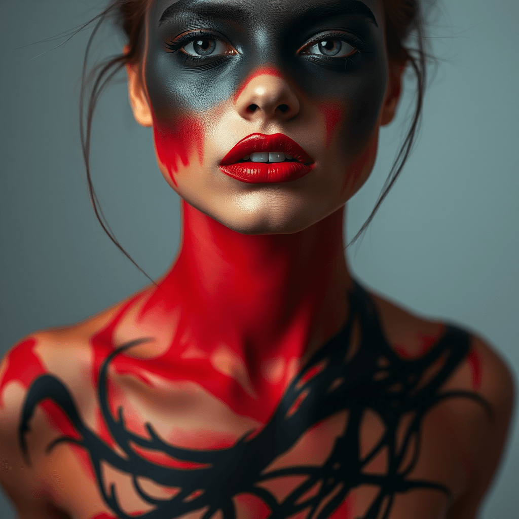 AI generated: "A woman's front face and upper torso, painted in a gradient of black and red hues that seem to blen...