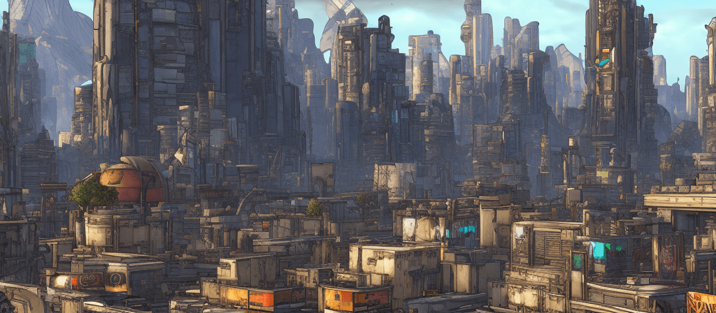 AI generated: Cityscape from borderlands 2, au naturel, hyper detailed, digital art, trending in artstation, cinem...