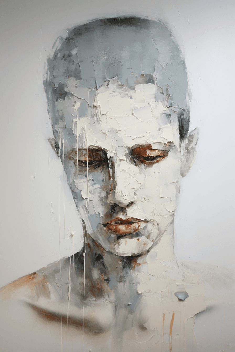 AI generated: painting, sad and broke persion, unhappy, white solid background --ar 2:3 