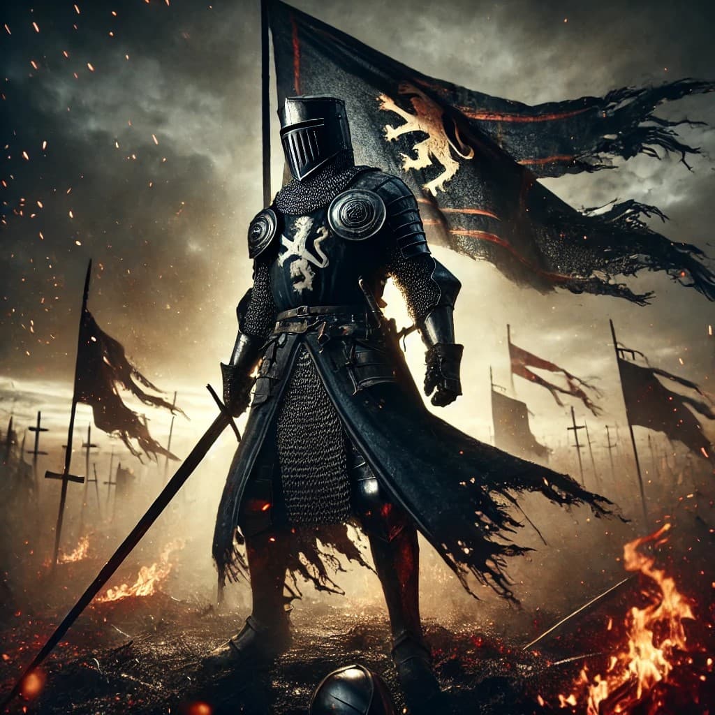 AI generated: A tilt angled image capturing the essence of a battle-hardened knight, armored in full black and dar...