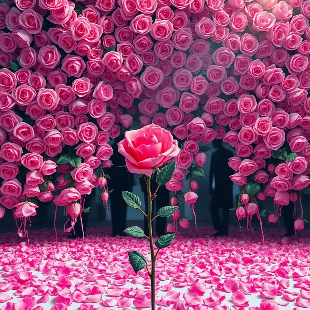 AI generated: A rose shines in front of an immense rose bush that creates a surreal wall of more roses, which bran...