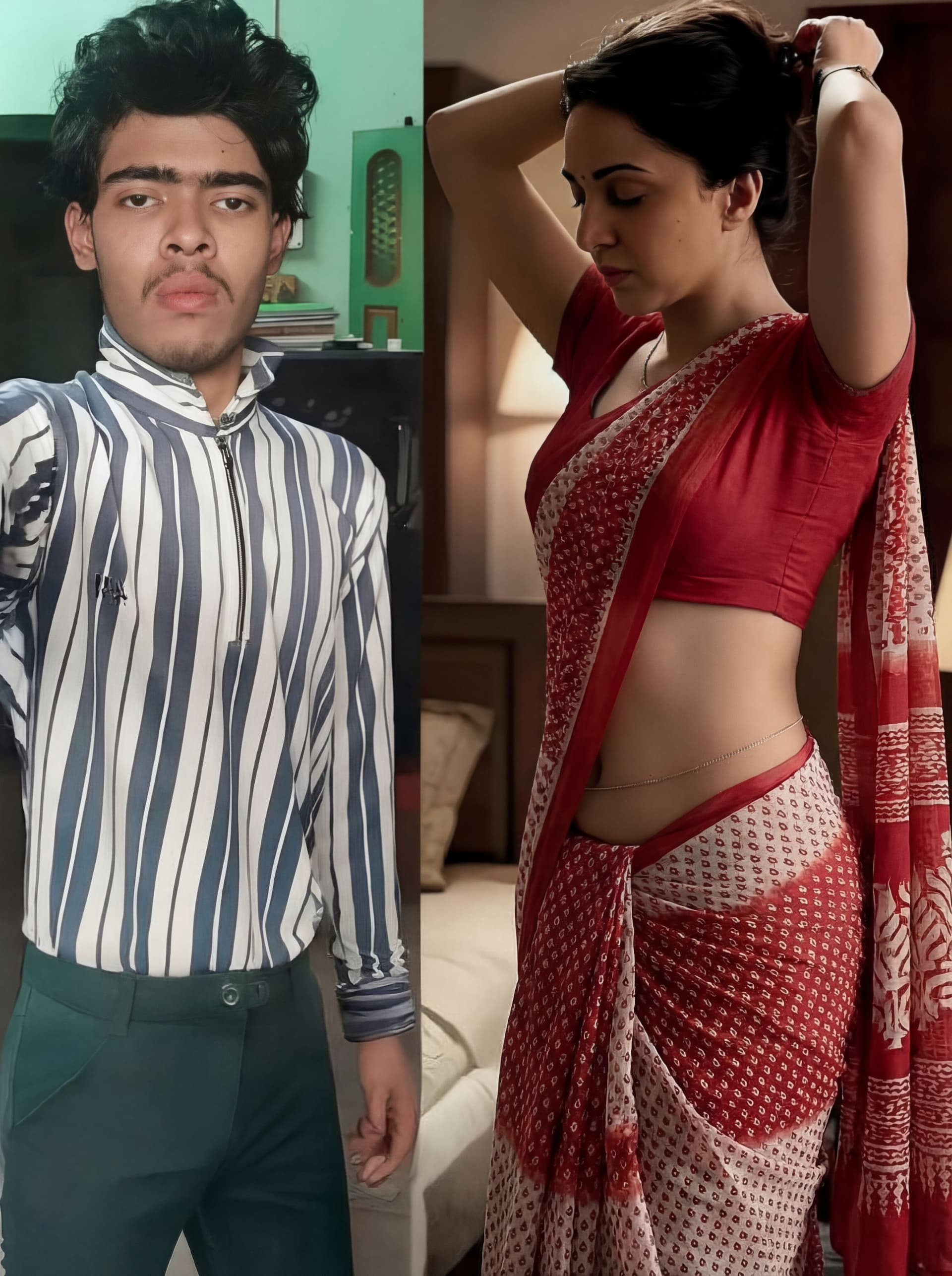 AI generated: Replace the woman's saree colour into red with white mix colour but don't cover her navel same like ...