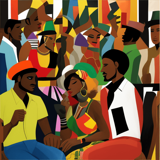 AI generated: (Painting of African Americans at a lively jazz club) Infuse the vibrant scenes of Romare Bearden wi...