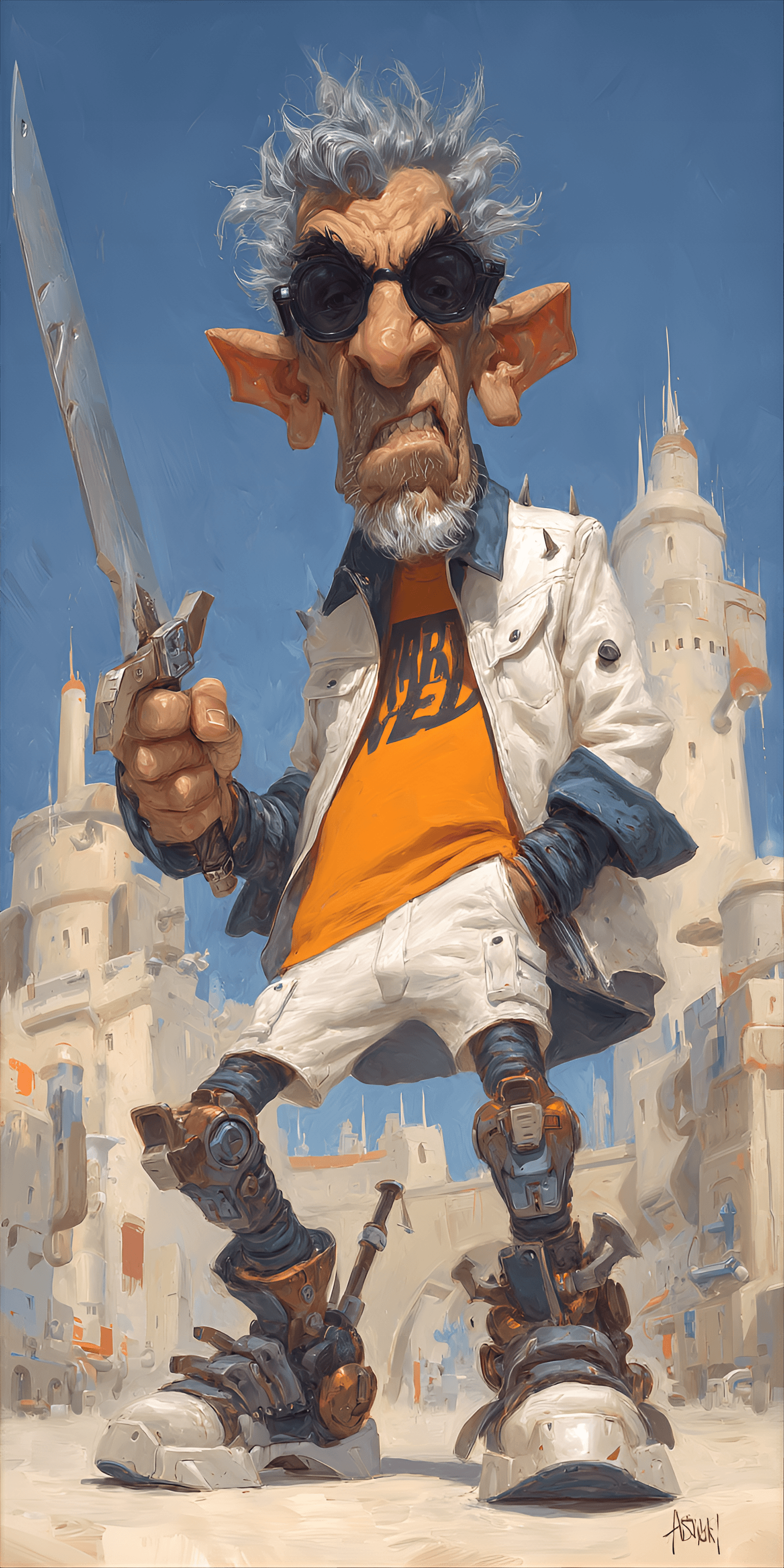 AI generated: funny caricature, futuristic rebel caricature, elderly alien male, 300 years old, grey skin, pointed...