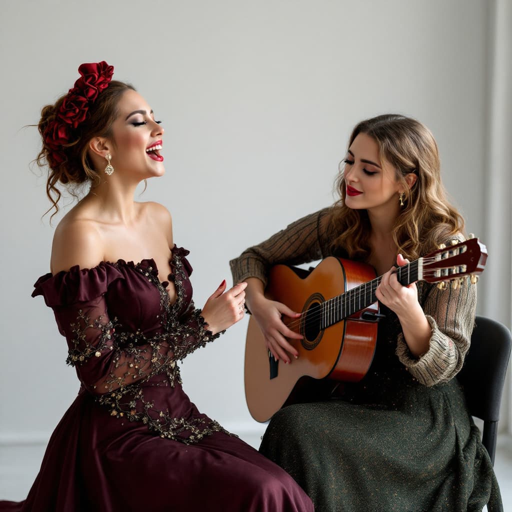 AI generated: a female opera singer and a female classical guitarist performing a christmas song