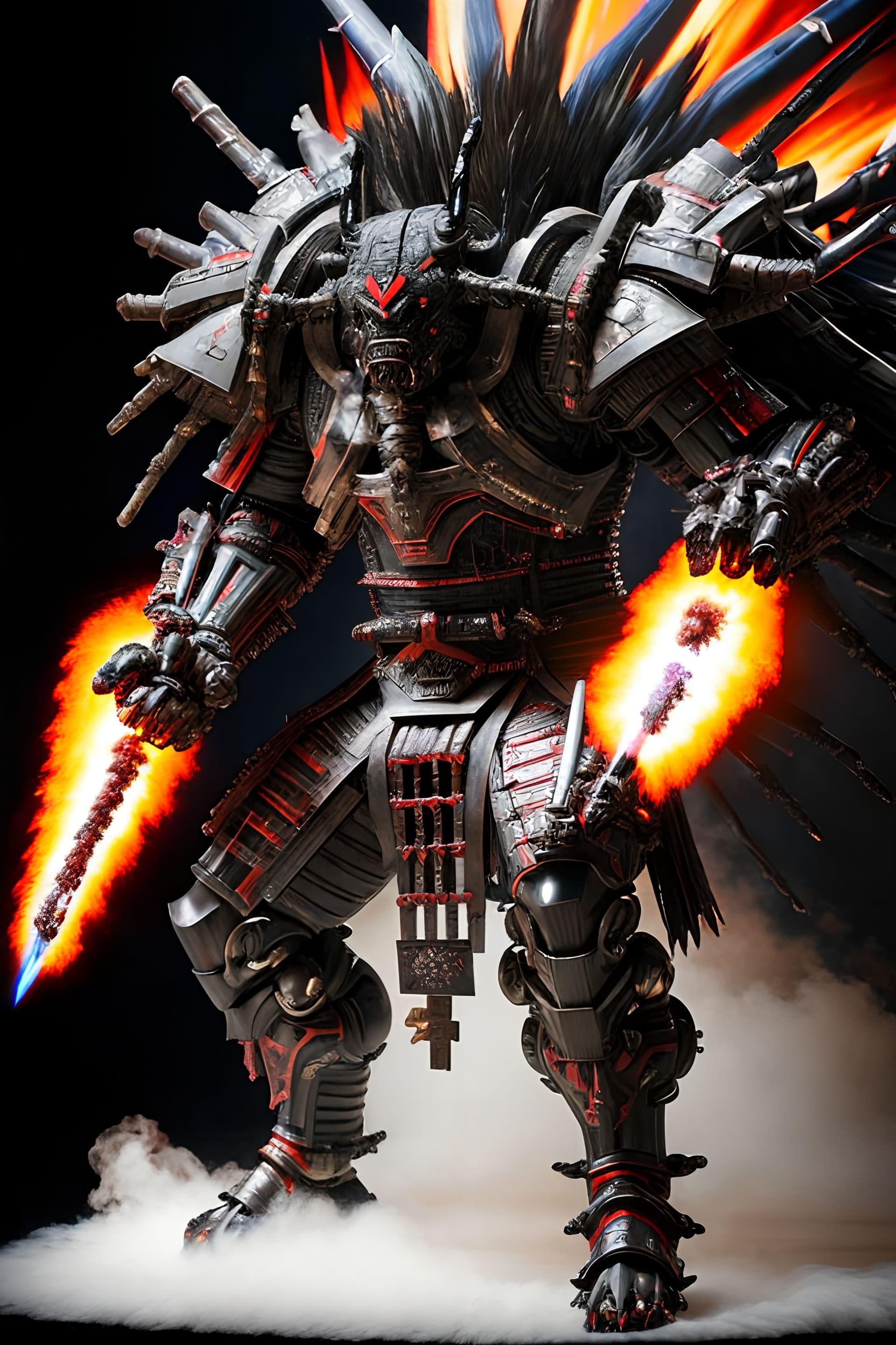 AI generated: cyborg samurai like creature in action and unleashing an attack against enemies, fw murano style, pl...