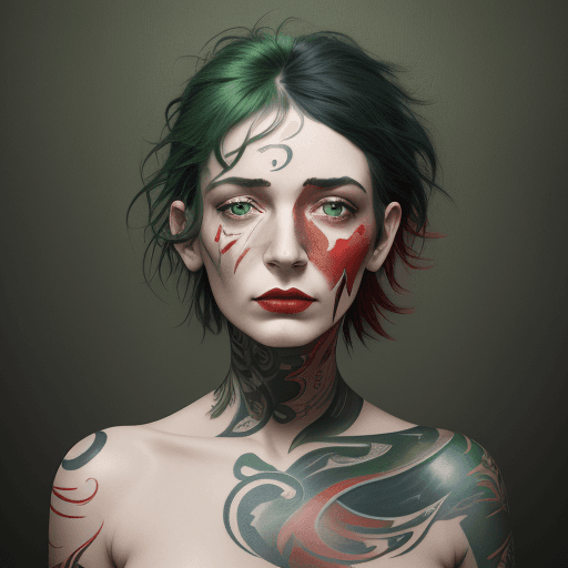 AI generated: Woman with colorful head tattooed on her face, cyclorama style, dark green and red, gesture painting...