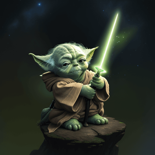 AI generated:  YODA in cosmos, 8k, light sword, happy YODA, friends YODA, anime