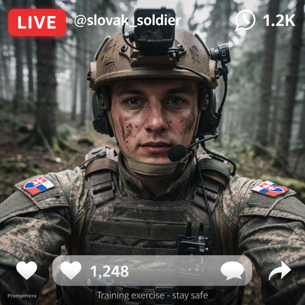 AI generated: A powerful, candid, photorealistic close-up photo of a Slovak soldier during a tactical exercise in ...