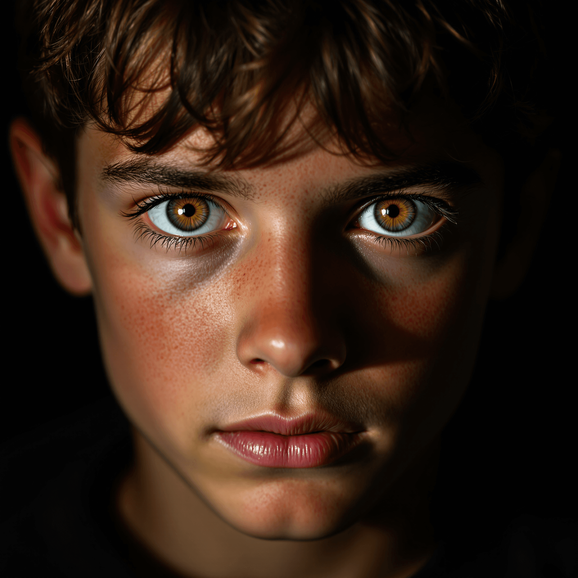 AI generated: photography, front shot, 8 years old boy model, gaze, capturing a model's bright light brown eyes, l...