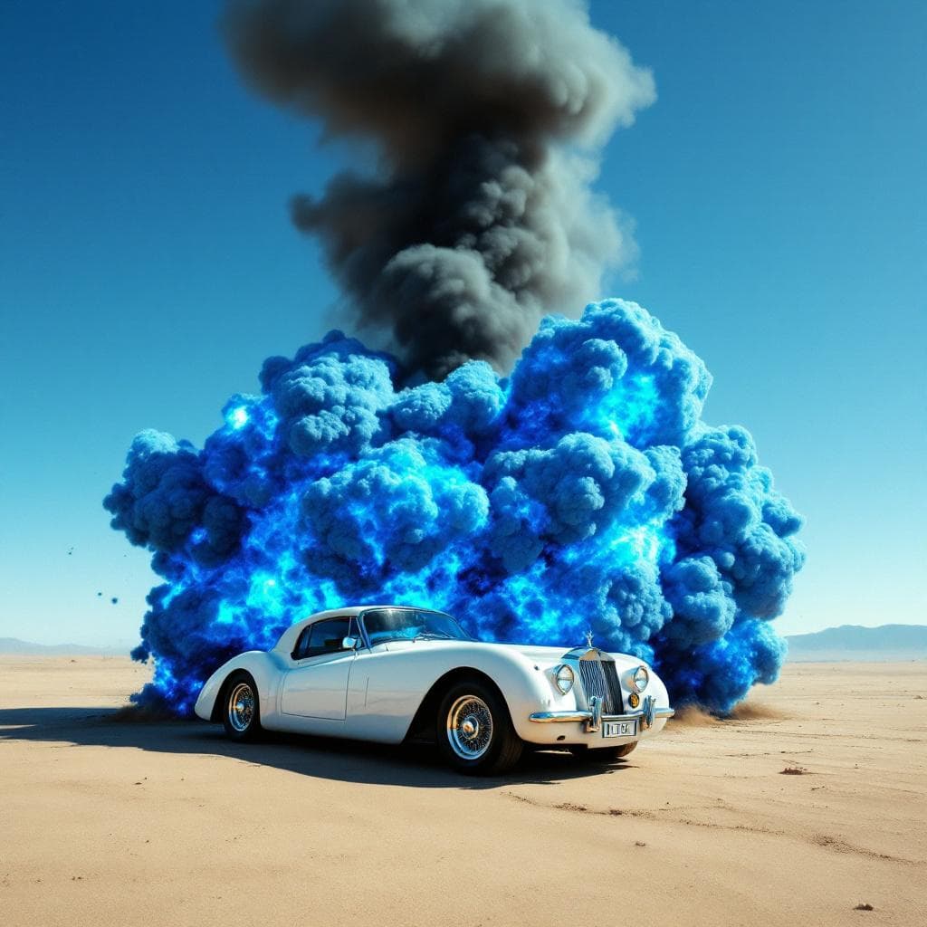 AI generated: A dramatic scene in a desert landscape features a classic white luxury car parked on a sandy, barren...