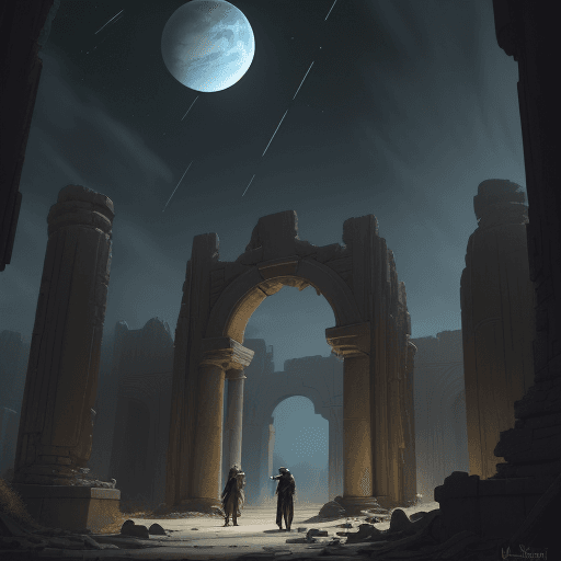 AI generated: (Masterpiece award winning Illustration, Best quality:1.2) Style of Ralph Angus McQuarrie, Ruins of ...