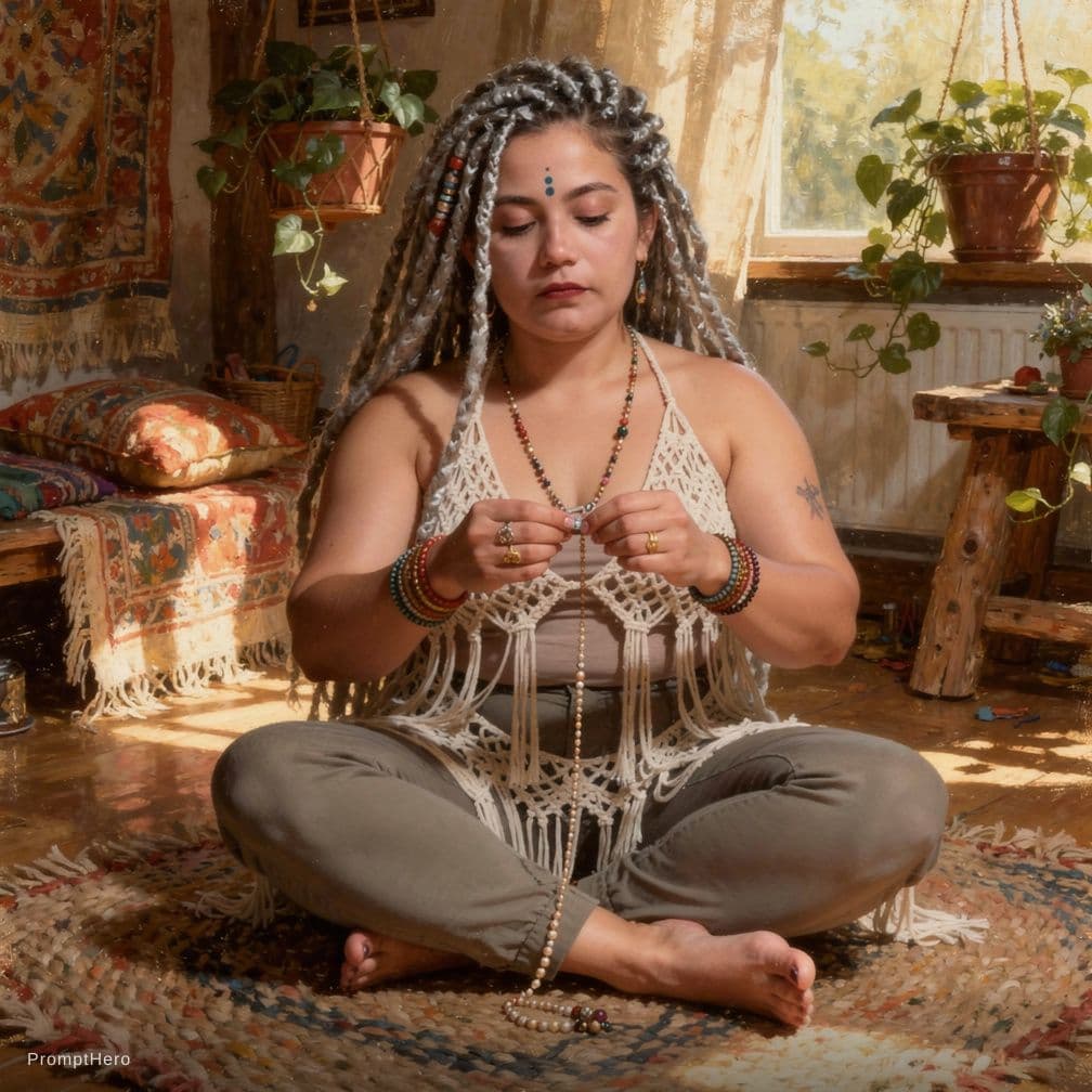 AI generated: A soft, round-bodied woman with silver-streaked, waist-length dreadlocks frames her face in loose, s...