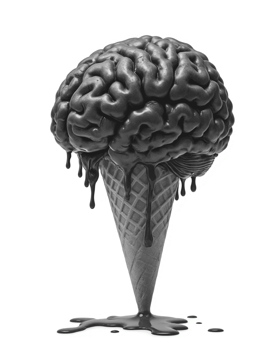 AI generated: A realistic medium human brain size sits atop a classic waffle cone, serving as the "ice cream." The...