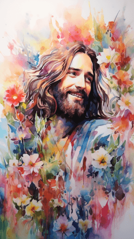 AI generated: Jesus Christ smilling in watercolor style, with flowers, very colorful, insanely detailed and intric...