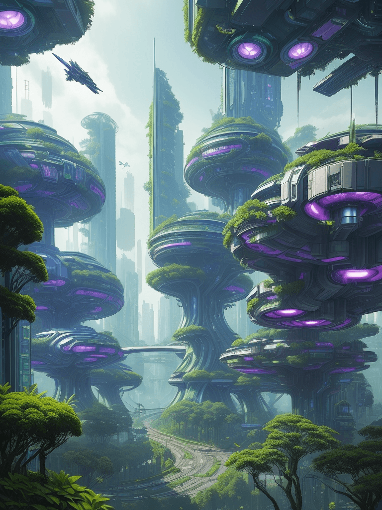 AI generated: a view of a city with a lot of trees and bushes, garden, a lot of flying objects , future city, in f...